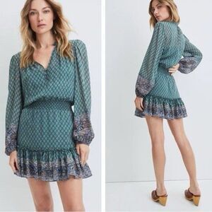 Veronica Beard Destiny Silk Dress Green Smocked Mini V Neck Boho Size 12